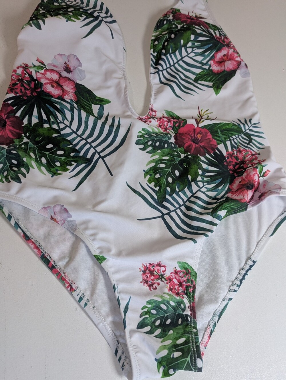 Floral Womens Swimwear Size L Halter Neck Monokini Tropical White Green Cut Out - Picture 5 of 11
